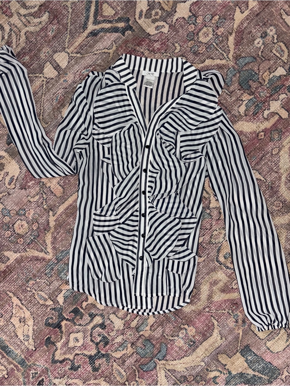 Striped Ruffled Button-Front Blouse - Navy & White